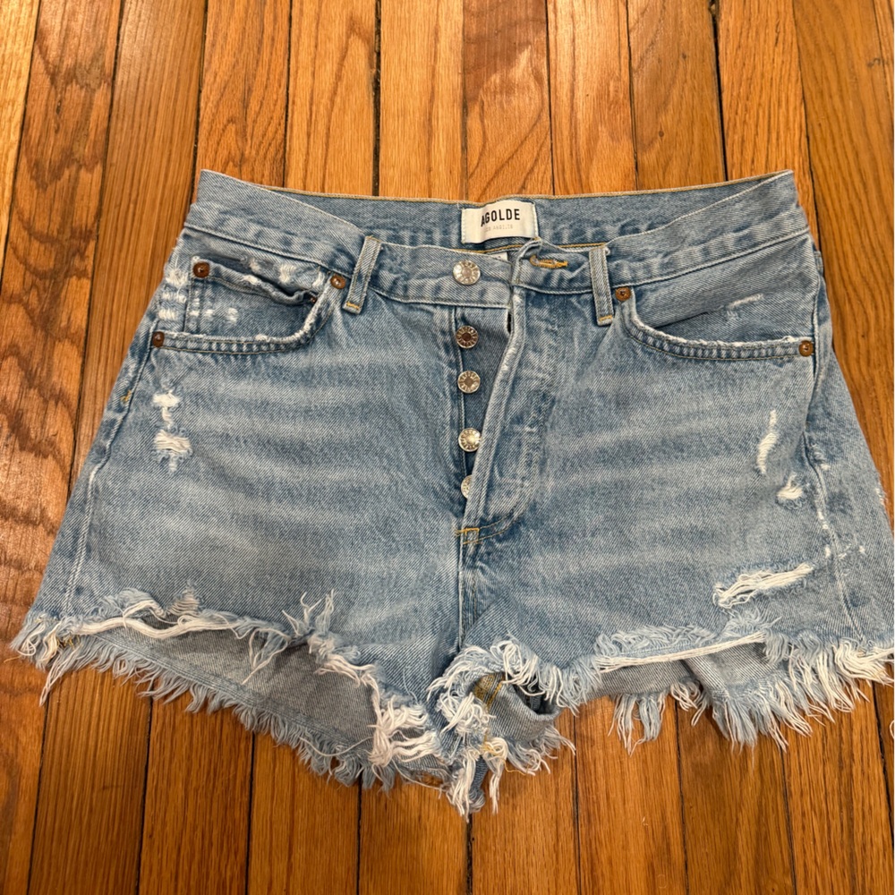 Agolde Light Blue Frayed Jean Shorts
